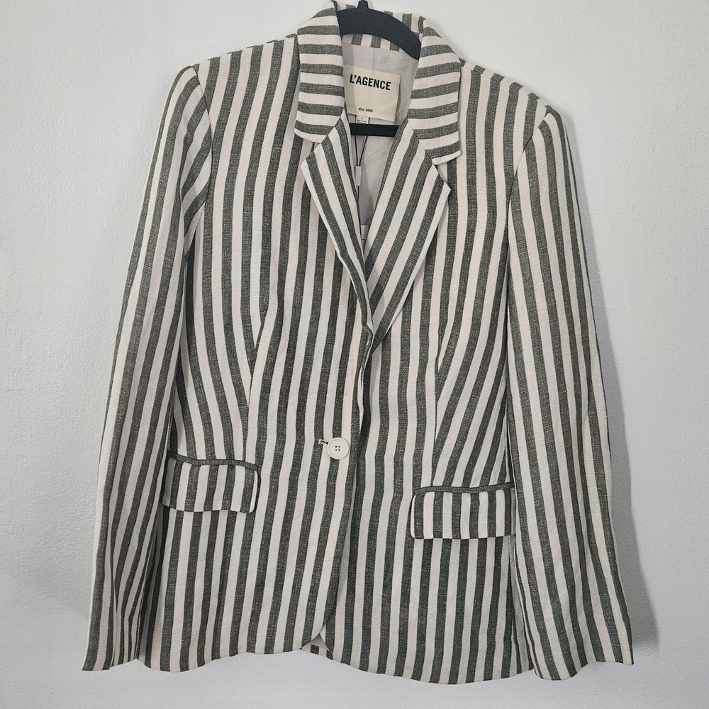 L'AGENCE Striped‎ Linen Blend Blazer Jacket Women's Size 2 Green White NWT